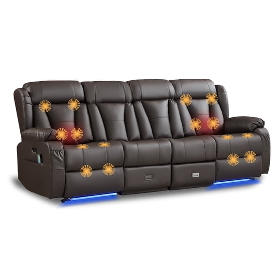 4 Seat Zero Wall Hugger Power Recliner Sofa, Reclining Couch with Massage & Heat, LED Light, USB & Cup Holder, Storage Drawer for Living Room Home Theater, Black