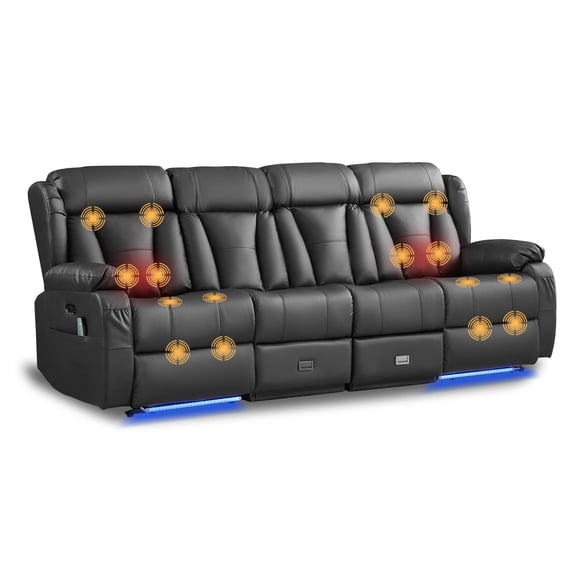 4 Seat Zero Wall Hugger Power Recliner Sofa, Reclining Couch with Massage & Heat, LED Light, USB & Cup Holder, Storage Drawer for Living Room Home Theater, Black
