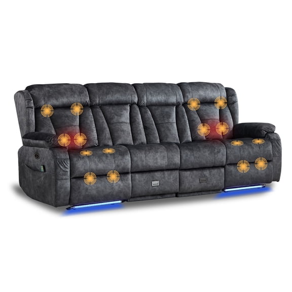 4 Seat Zero Wall Hugger Power Recliner Sofa, Reclining Couch with Massage & Heat, LED Light, USB & Cup Holder, Storage Drawer for Living Room Home Theater, Gray