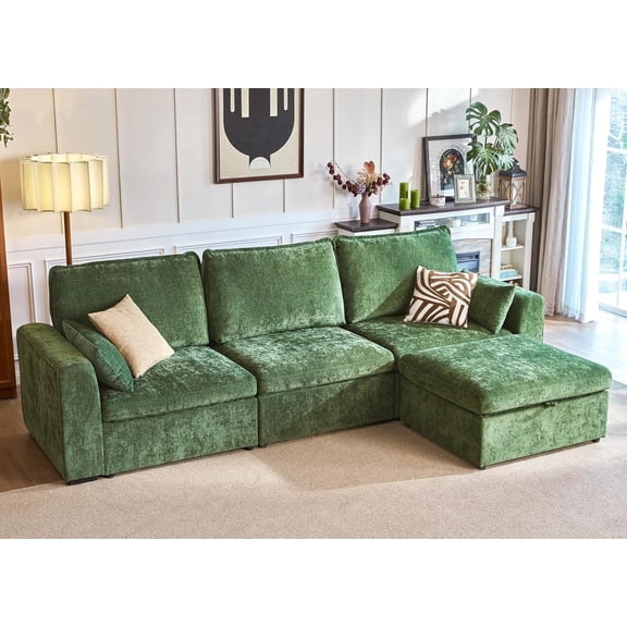 BEDEEP 124.8'' Modular Sectional Sofa with Storage Ottoman, L Shaped Chenille Cloud Couch, Convertible 4-Seater Sofa with Chaise for Living Room, Green
