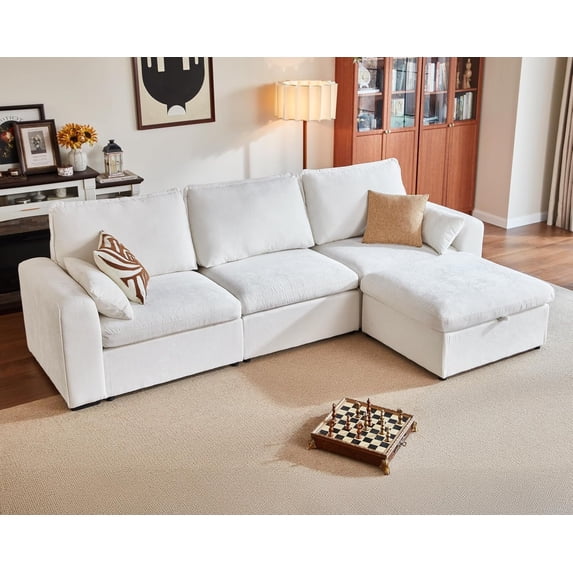 BEDEEP 124.8'' Modular Sectional Sofa with Storage Ottoman, L Shaped Chenille Cloud Couch, Convertible 4-Seater Sofa with Chaise for Living Room, White
