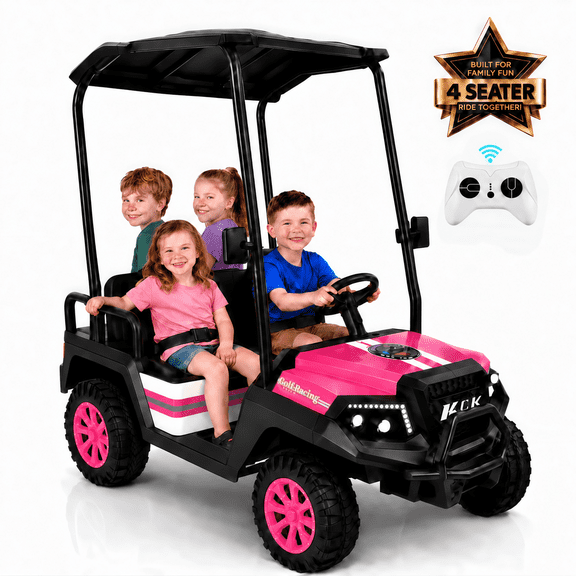 4-Seater 24V 4WD Kids Ride On Golf Cart with Remote Control, Soft Start & Stop | Detachable Sunshade Roof, Music, LED Lights,4 Shock Absorbers, Max Load 265 Lbs, Electric Car for Kids 3-8