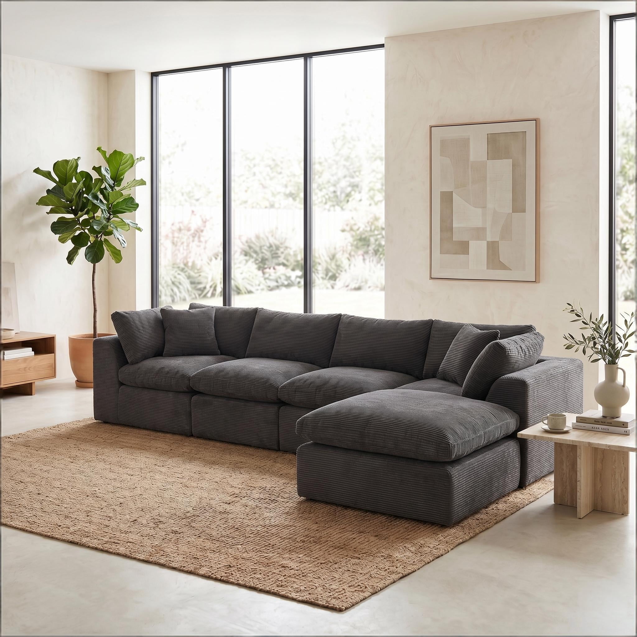 4 Seater Cloud Couch With Ottoman, No Assembly Required Modular Boneless Sofa, Comfy Deep Seat Sectional Sofa for Living Room, Bedroom, Apartment