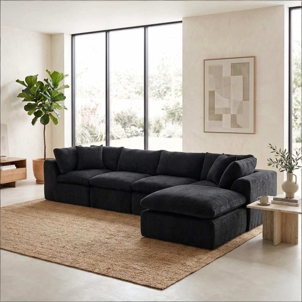 4 Seater Cloud Couch With Ottoman, No Assembly Required Modular Boneless Sofa, Comfy Deep Seat Sectional Sofa for Living Room, Bedroom, Apartment