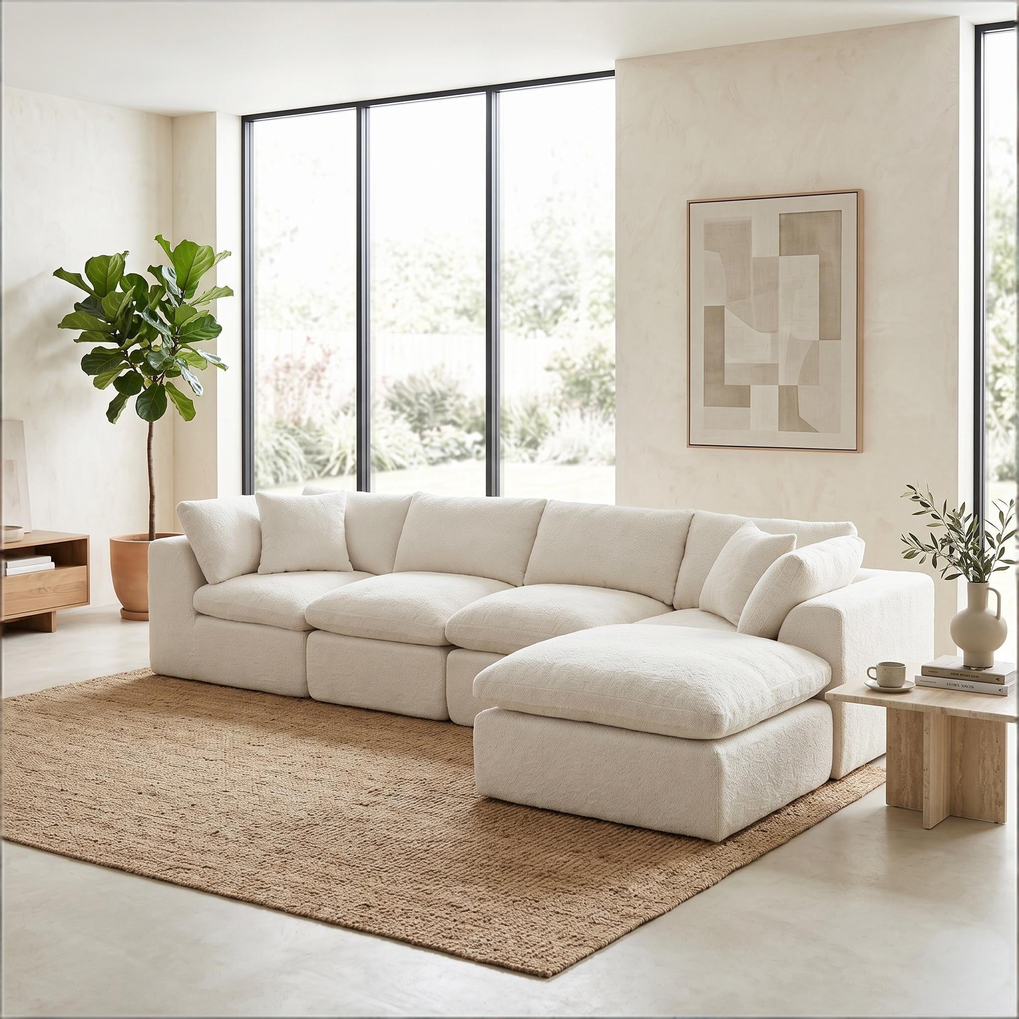 4 Seater Cloud Couch With Ottoman, No Assembly Required Modular Boneless Sofa, Comfy Deep Seat Sectional Sofa for Living Room, Bedroom, Apartment