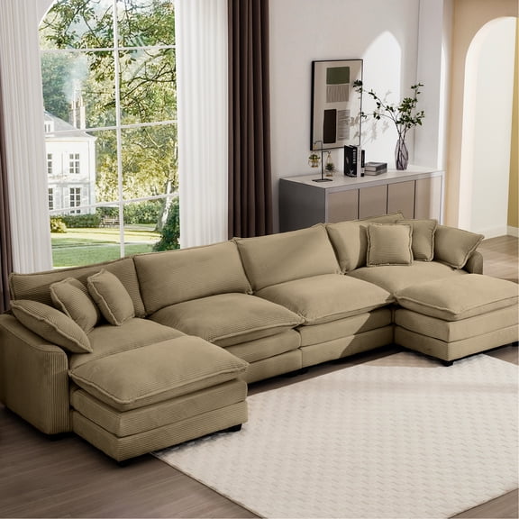 4 Seater Corduroy Living Room : Tan, With 3 Stools, Fabric, Comfortable & , Easy Assembly Modern Collection: Matching
