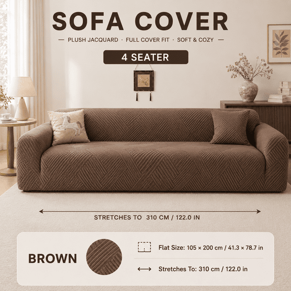 4 Seater Couch Slipcover, Stretchable Jacquard Sofa, Pet-Friendly Full Wrap Furniture Cover for Large Sofa, Brown