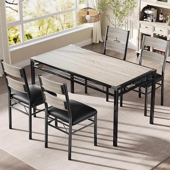 4-Seater Dining Table Set with Corner Protector, Table & 4 Upholstered Chairs for Small Spaces & Apartments, Retro Gray