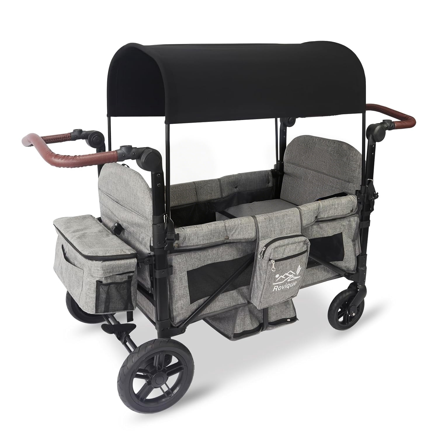 4 Seater Foldable Wagon Stroller, All-Terrain Aluminum Kids Wagon with Canopy, Adjustable Handle and Storage