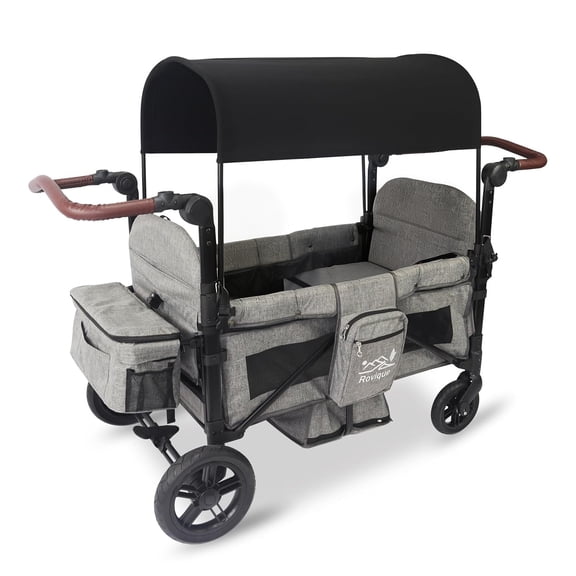 4 Seater Foldable Wagon Stroller, All-Terrain Aluminum Kids Wagon with Canopy, Adjustable Handle and Storage