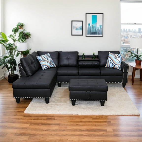 [SquarePulse]4-Seater L-Shaped Sofa with 90° Swivel Cup Holders – Compact Sectional (Includes 2 Pillows)