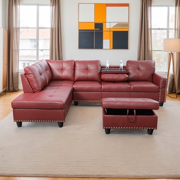 4-Seater L-Shaped Sofa with 90° Swivel Cup Holders – Compact Sectional (Includes 2 Pillows)
