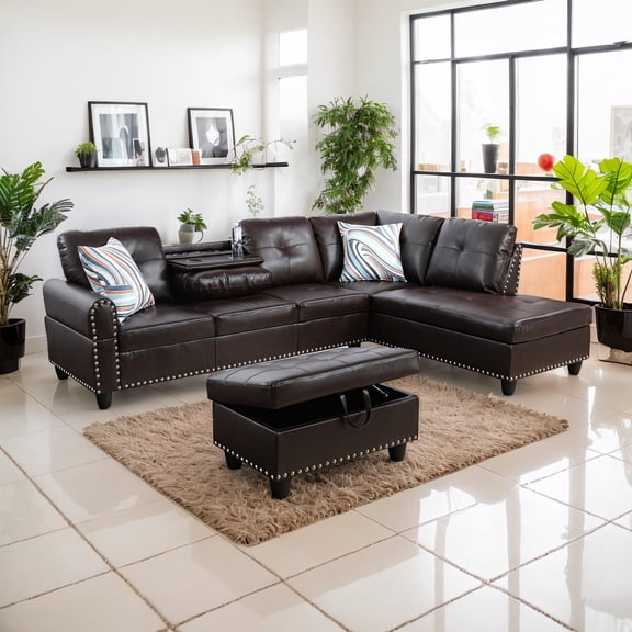 4-Seater L-Shaped Sofa with 90° Swivel Cup Holders – Compact Sectional (Includes 2 Pillows)