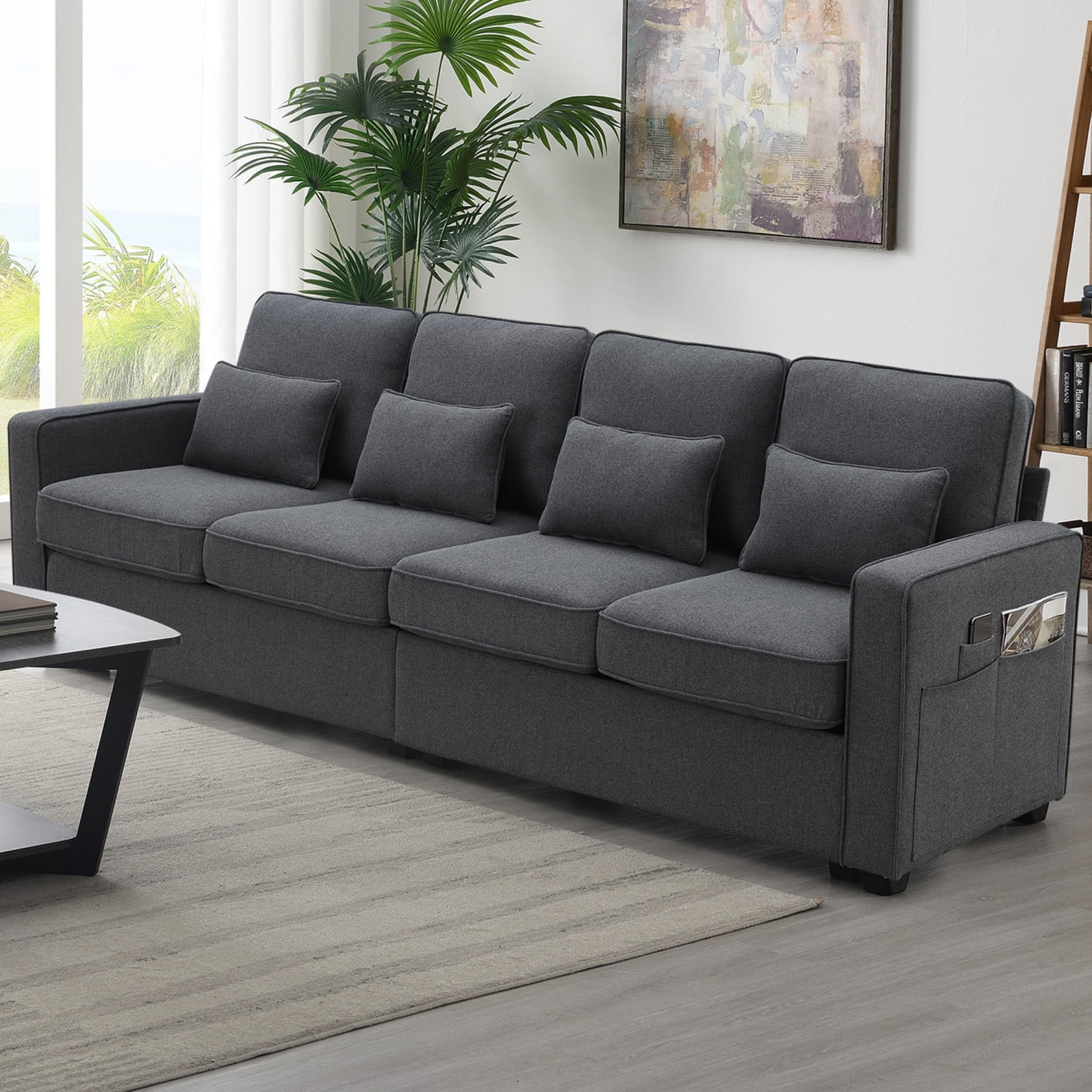 4 Seater Linen Fabric Sofa with Armrest Pockets and 4 Pillows Minimalist Style Couch with High Density Sponge Ergonomic High Back and Armrest for