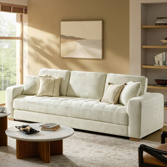 4-Seater Modern Sofa Hidden Low Legs Piano Key-striped Design Boucle Fabric for Living Room, Ivory