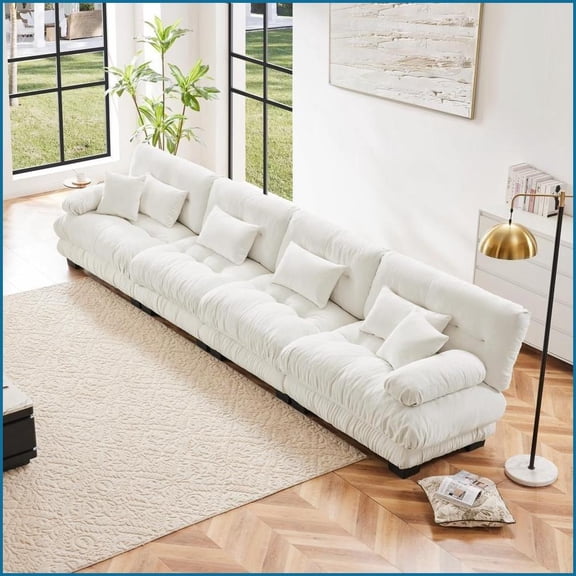 4-Seater Modular Deep Seat Chenille Sectional Sofa for Living Room Apartment | White | Chenille | Round Arms