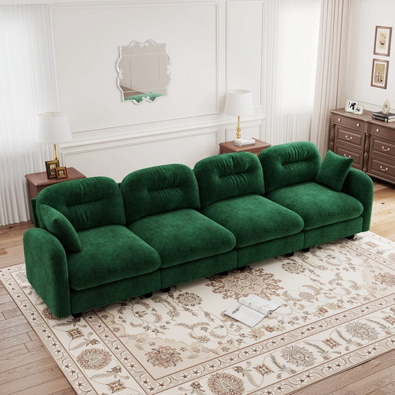4-Seater Modular Sectional Couch,Premium Chenille Fabric with 2 Pillows,High-Density Foam Easy Install,Green