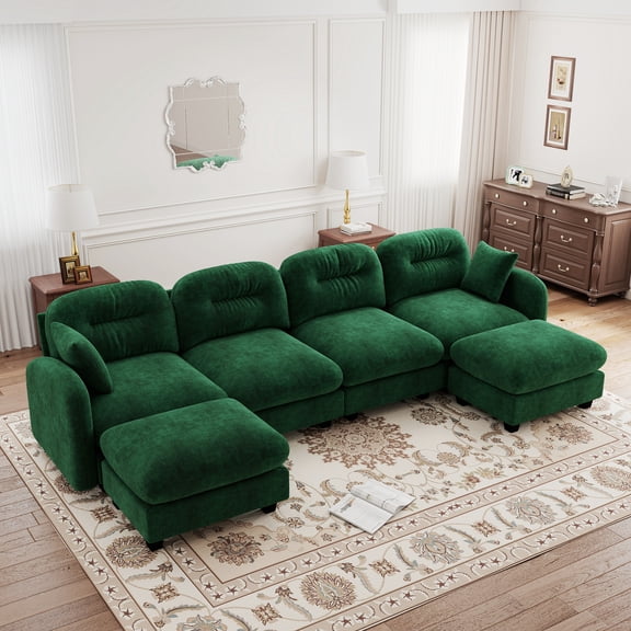 4-Seater Modular Sectional U-Shaped Couch With Ottoman,Premium Chenille Fabric Soft Throw Pillows,High-Density Foam Ergonomic Design Easy Install,Green