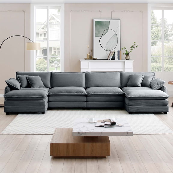 4-Seater Over size U Shape Corduroy Sofa, Modern Upholstered Sofa with 2 Ottomans, Premium Soft Corduroy Fabric Sofa (Gray)