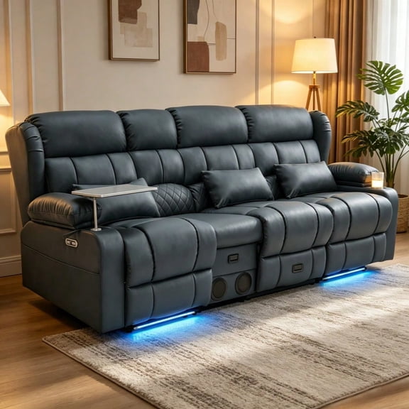4-Seater Power Recliner Sofa with Dual Consoles, Massage & Heat, LED Theater Seating with Bluetooth Speaker, USB Charging, Cup Holders, 360°Tray Table & Phone Holder, Faux Leather