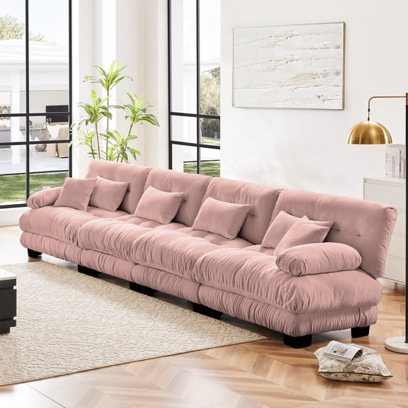 4-Seater Sectional Sofa Modular Deep Seat Sofa Couch, Chenille Sofa Comfy Upholstered Sofa for Living Room, Apartment, Studio, Office (Pink)