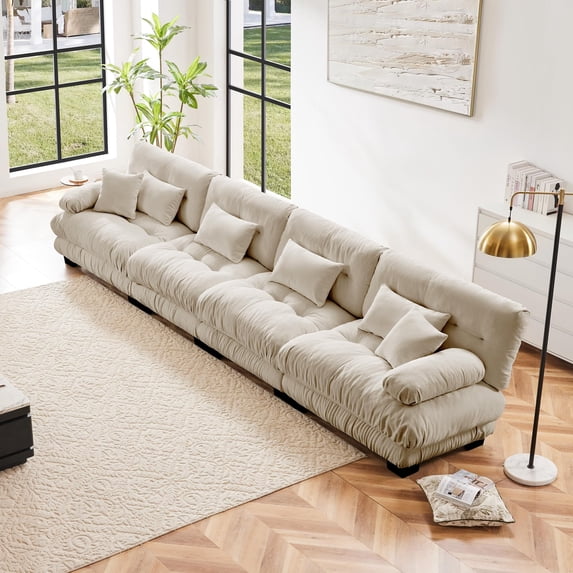 4 Seater Sectional Sofa Modular Deep Seat Sofa Couch , Comfy Upholstered Cloud Couch for Living Room, Apartment, Studio, Office,Chenille Light coffee