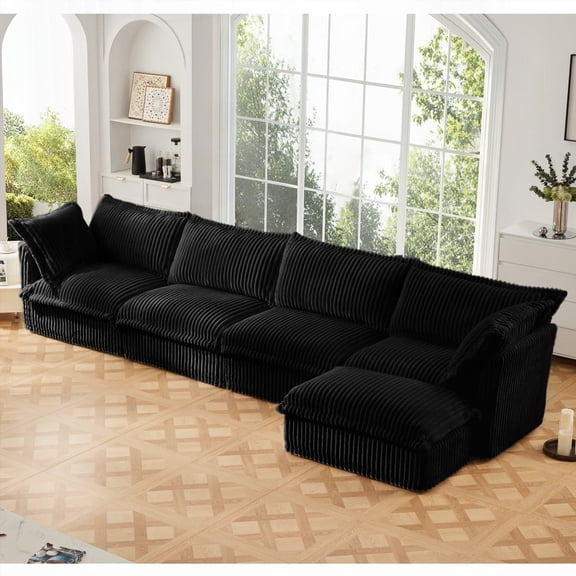 Modern L Shape Sectional Sofa with 4 Seats, 220×80×75cm, Black Corduroy Fabric, Deep Seat & Supple Armrests
