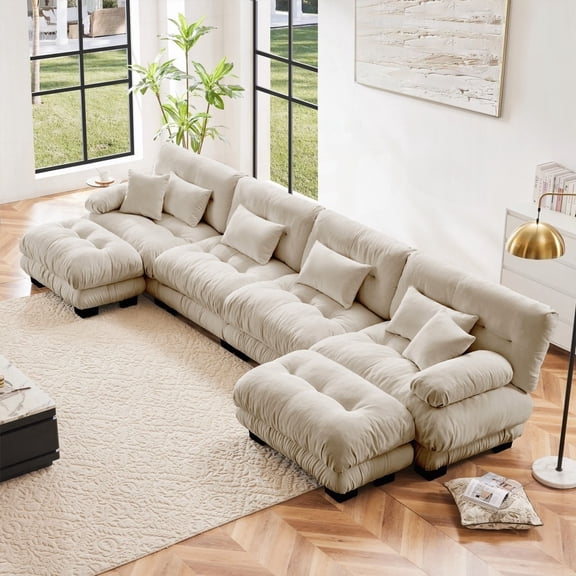 4-Seater U Shaped Couch with 2 Ottomans in Living Room - Comfy Cloud Sofa in Chenille