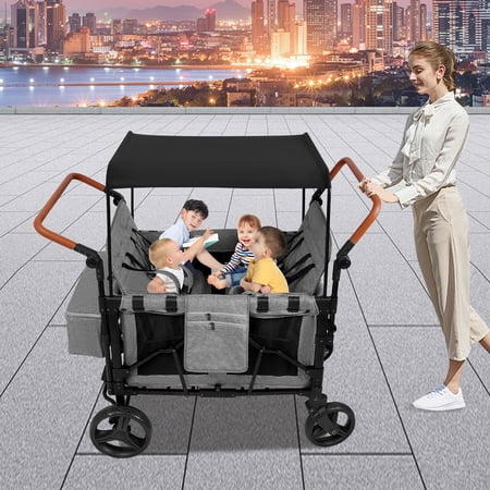 4-Seater Wagon, High Landscape Baby Stroller Wagon with Removable Canopy, All Terrain Foldable Wagon with 5-Point Harness for Beach Garden Camping, Gray