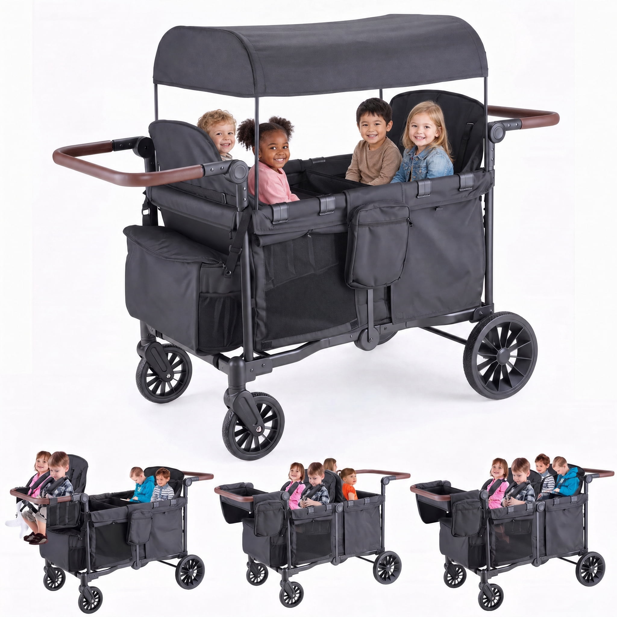 SACVON 4-in-1 Baby Stroller Wagon, 4-Seat Convertible Wagon for Kids with Removable Canopy, Cooler Bag, Adjustable Handle, for Outdoor Camping & Travel, Black