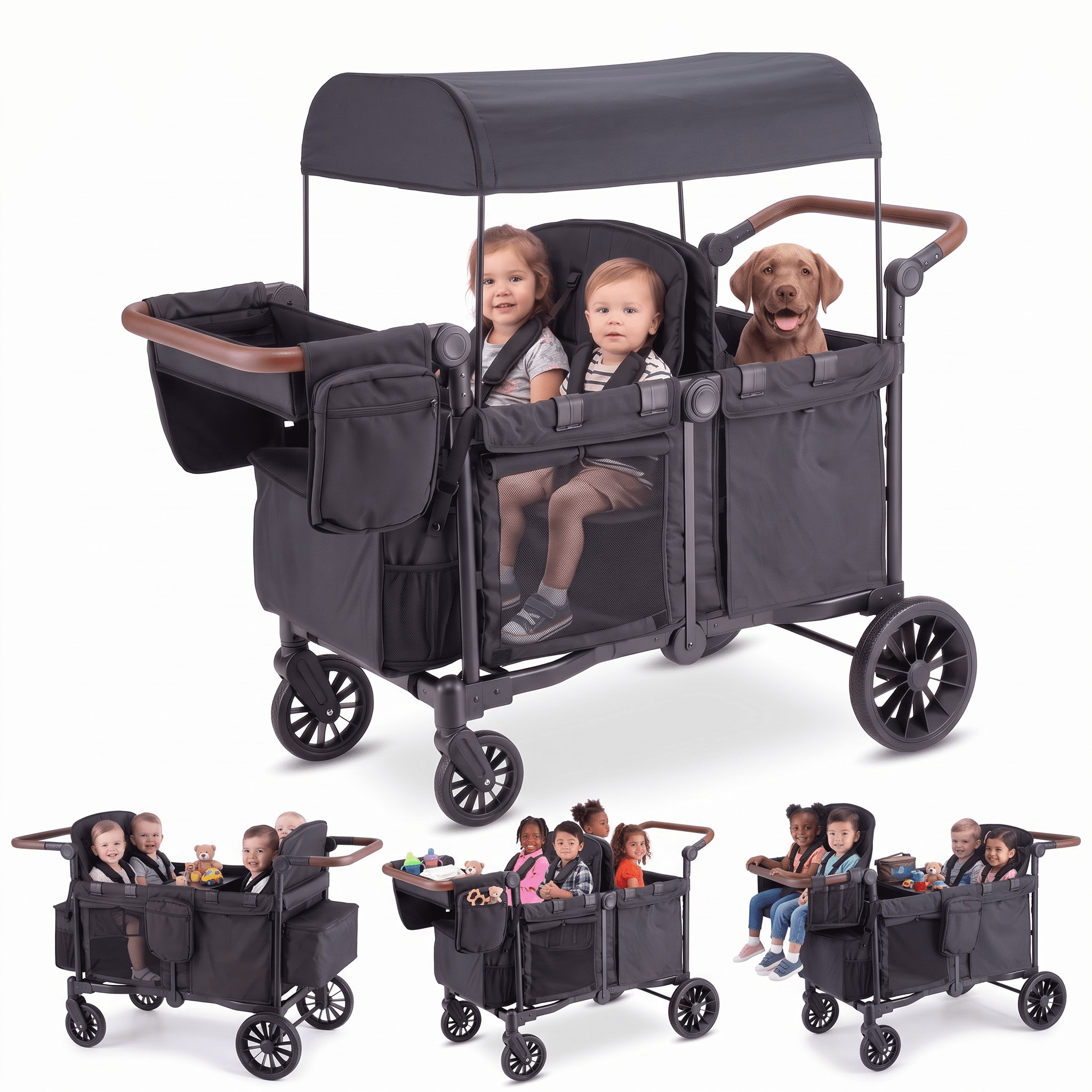 SACVON 4-in-1 Baby Stroller Wagon, 4-Seat Convertible Wagon for Kids with Removable Canopy, Cooler Bag, Adjustable Handle, for Outdoor Camping & Travel, Black