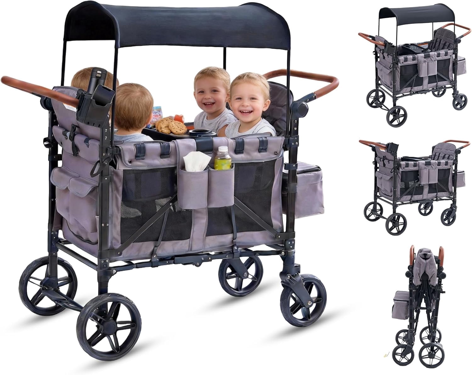 4-Seater Wagon Stroller for Kids, Linor All-Terrain Folding Wagon with Adjustable Push Handles, Removable Canopy, Snack Tray, Large Storage Bag & Phone Holder