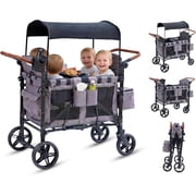 4-Seater Wagon Stroller for Kids, Linor All-Terrain Folding Wagon with Adjustable Push Handles, Removable Canopy, Snack Tray, Large Storage Bag & Phone Holder