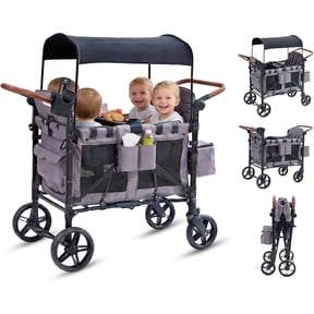 4-Seater Wagon Stroller for Kids, Linor All-Terrain Folding Wagon with Adjustable Push Handles, Removable Canopy, Snack Tray, Large Storage Bag & Phone Holder