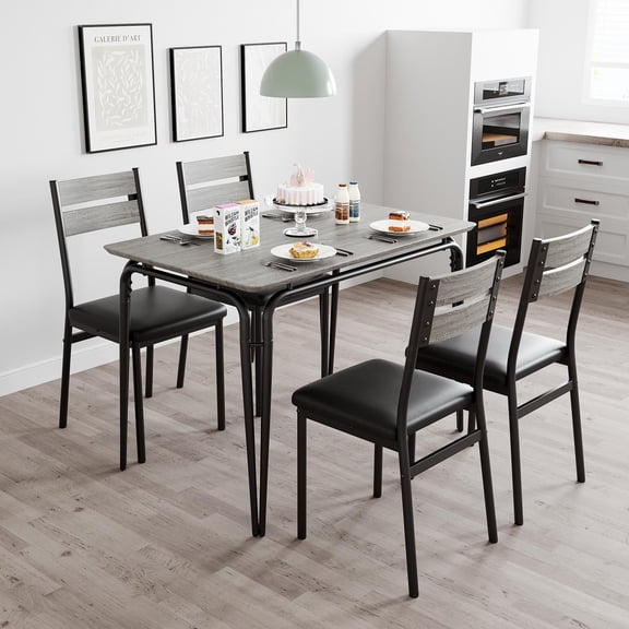 4-Seater Wooden Dining Table Set with Upholstered Chairs, Steel Frame Compact Kitchen Dining Furniture, Space Saving Combination for Small Household Room