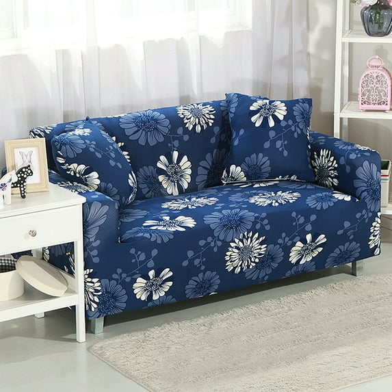 4 Seaters Printed XL Sofa Covers Stretch Elastic Couch Slipcover Protector Removable Washable for Dining Room, Blue Flowers