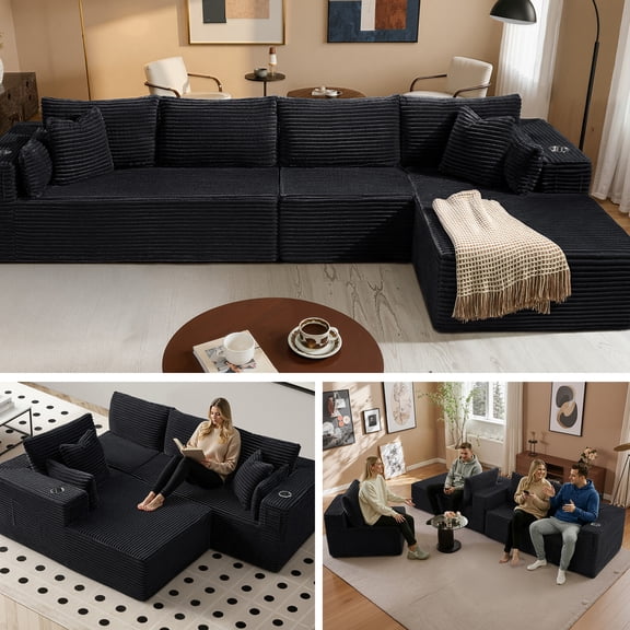 4 Seats Boneless Modular Cloud Sectional Sofa with Chaise, Extra-Wide Deep Seats Plush Corduroy Sleeper Soft Couch for Modern Living Rooms, Small Spaces & Apartments (Black, 138"-L Shape Right)