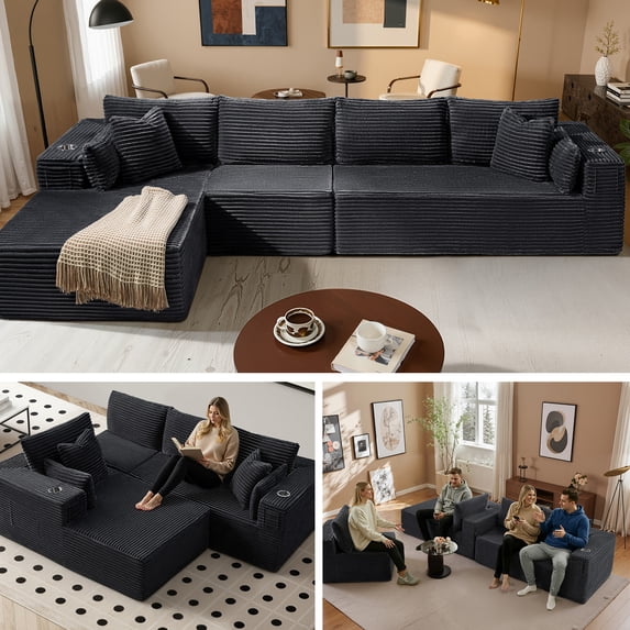 4 Seats Boneless Modular Cloud Sectional Sofa with Chaise, Extra-Wide Deep Seats Plush Corduroy Sleeper Soft Couch for Modern Living Rooms, Small Spaces & Apartments (Dark Grey, 138"-L Shape Left)