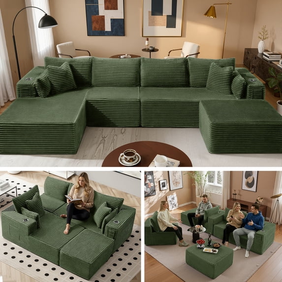 4 Seats Boneless Modular Cloud Sectional Sofa with Chaise & Ottoman, Extra-Wide Deep Seats Plush Corduroy Sleeper Soft Couch for Modern Living Rooms, Small Spaces Apartments Green 138"-U Shape Left