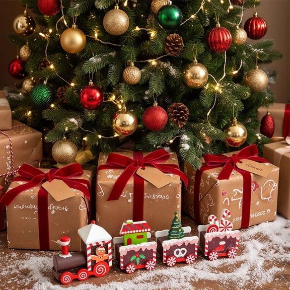 4-Section 8.66-Inch Wooden Christmas Train, Tabletop Holiday Train Decoration, Versatile Product for Tree Home and Holiday Display, Painted Wood Pieces Linked into One Display