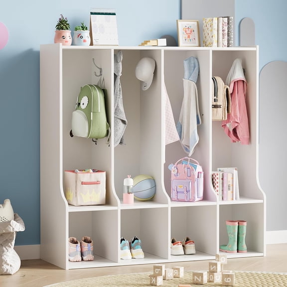 4-Section Classroom Coat Locker with 4 Cubbies, Daycare Cubby Storage Organizer with 8 Hooks for Home, School, Nursery, Kindergarten, White