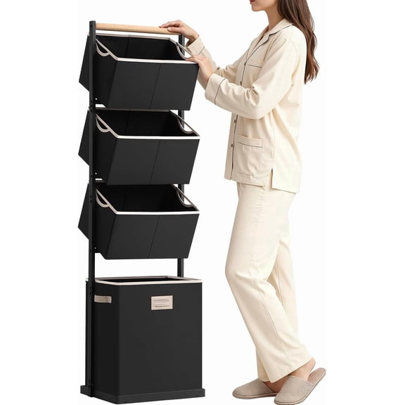 4 Section Laundry Hamper Sorter, Stackable Laundry Basket Organizer with Removable Basket, 125L 4-Tier Vertical Laundry Sorter for Small Space, Laundry Room, Dorm, Bathroom