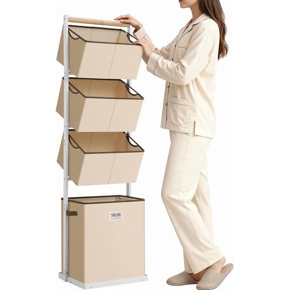 4 Section Laundry Hamper Sorter, Stackable Laundry Basket Organizer with Removable Basket, 125L 4-Tier Vertical Laundry Sorter for Small Space, Laundry Room, Dorm, Bathroom, Wardrobe Beige