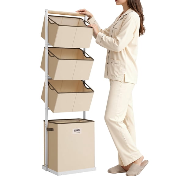 4 Section Laundry Hamper Sorter, Stackable Laundry Basket Organizer with Removable Basket, 125L 4-Tier Vertical Laundry Sorter for Small Space, Laundry Room, Dorm, Bathroom, Wardrobe Beige