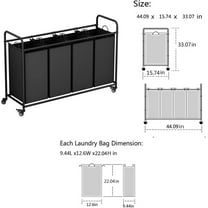 4 Section Laundry Sorter with Lockable Wheels, Heavy Duty Storage Basket for Dirty Clothes, Black