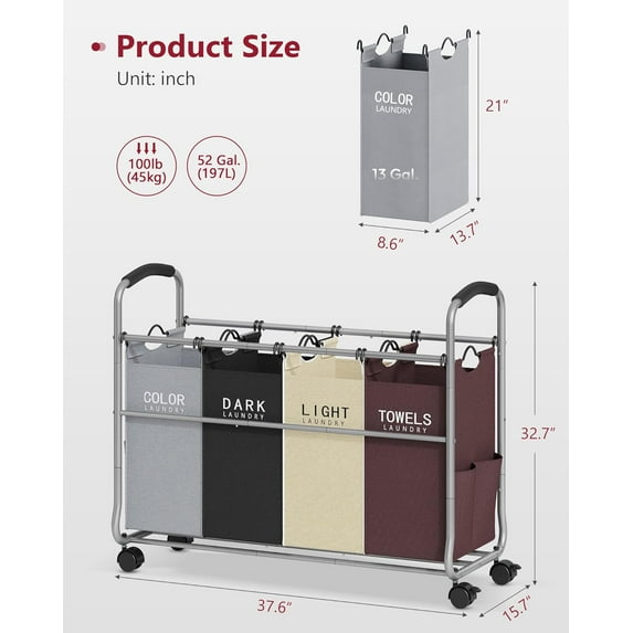 4 Section Laundry Sorter with Removable Bags, Heavy Duty Rolling Wheels, Large Capacity Storage