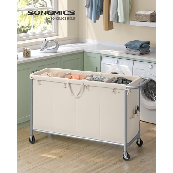4-Section Rolling Laundry Hamper with Removable Liners, 68.6 Gallon Heavy-Duty Sorting Cart with Locking Wheels, Cream White