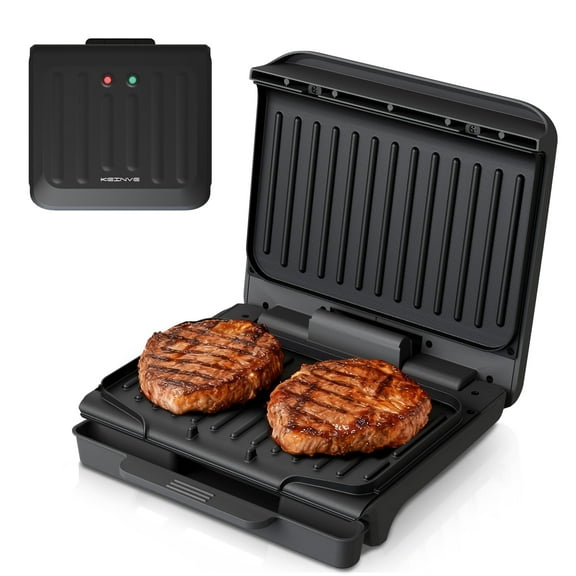 4-Serving Electric Grill and Panini Press, Tough Non-Stick Coating, Drip Tray Catches Grease, Black