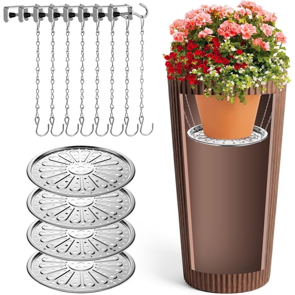 4 Set 10'' Adjustable Height Plant Inserts with Chain for Inside Pots Stainless Steel Plant Pot Insert Round Planter Filler Elevate Plants to Reduce Soil Usage for Large Tall Flower Pots