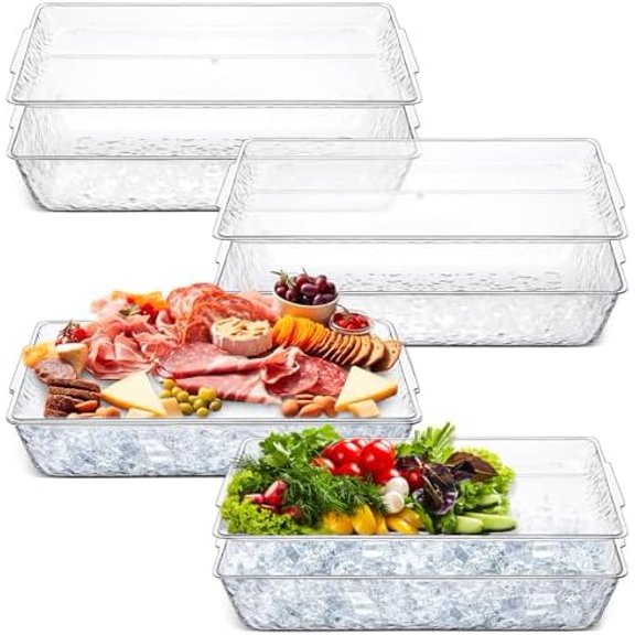 4 Set 16" x 9" Plastic Chilled Serving Tray for Parties with Compartments Ice Chilled Party Platter Charcuterie Serving Board Cold Dish Dip for Fruit Seafood Vegetable Appetizer (Clear)